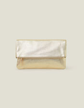 Leather Metallic Fold Over Clutch, Gold (GOLD), large