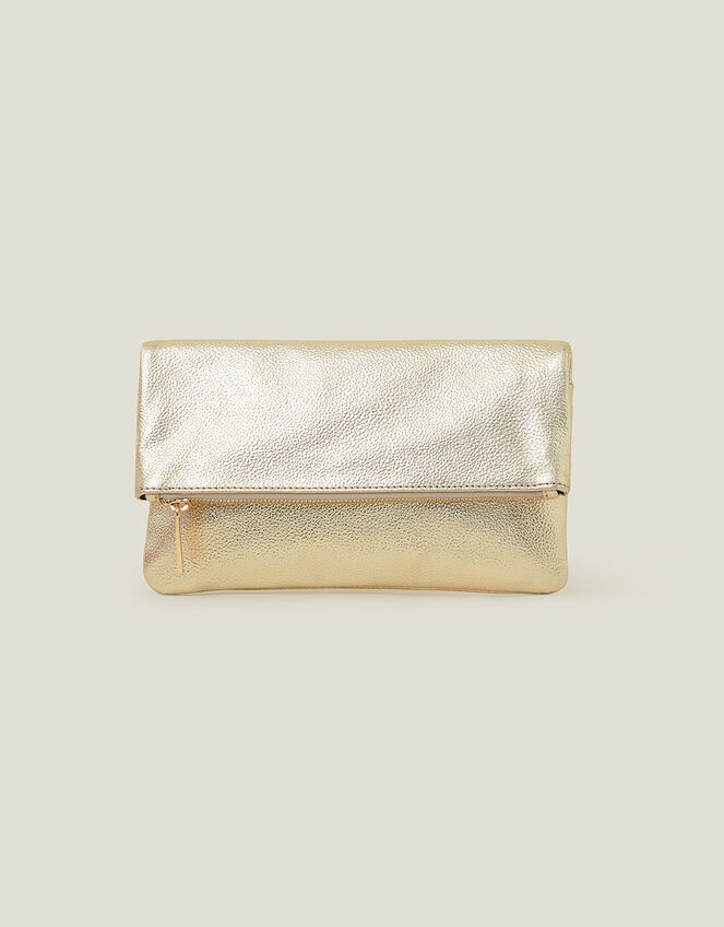 Leather Metallic Fold Over Clutch, Gold (GOLD), large