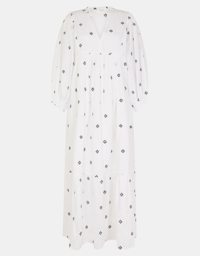 Embroidered Long Sleeve Maxi Dress, White (WHITE), large