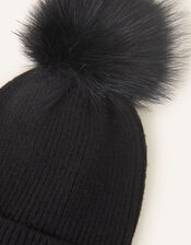 Knit Pom-Pom Beanie with Recycled Fabric, Black (BLACK), large