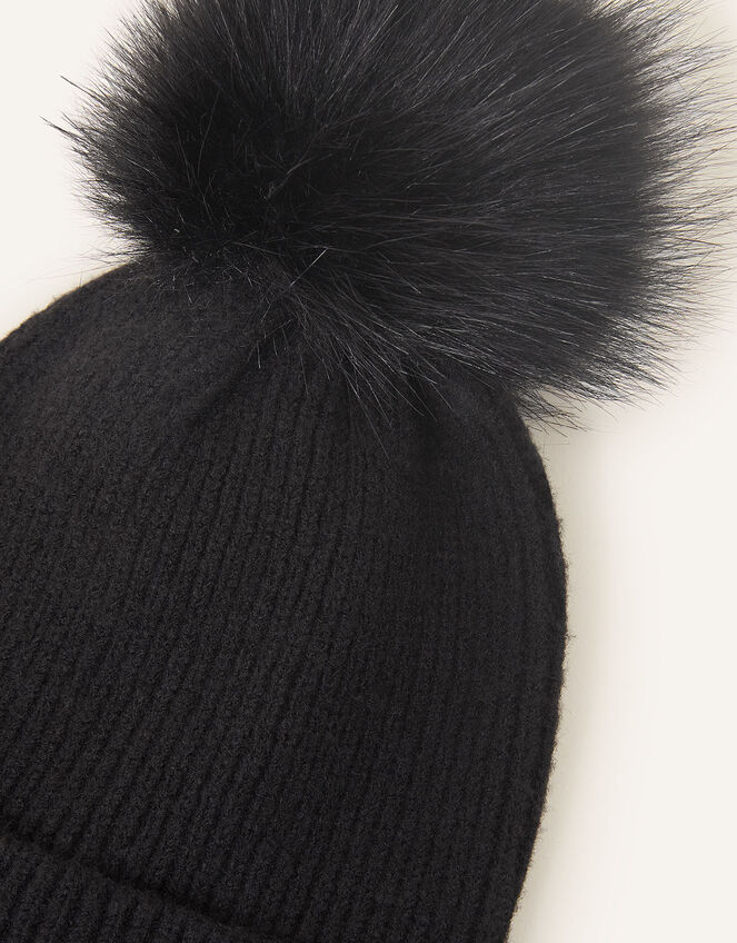 Knit Pom-Pom Beanie with Recycled Fabric, Black (BLACK), large
