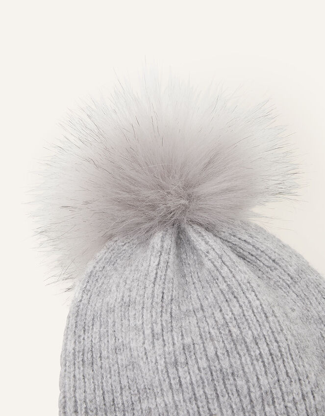 Knit Pom-Pom Beanie with Recycled Fabric, Grey (LIGHT GREY), large