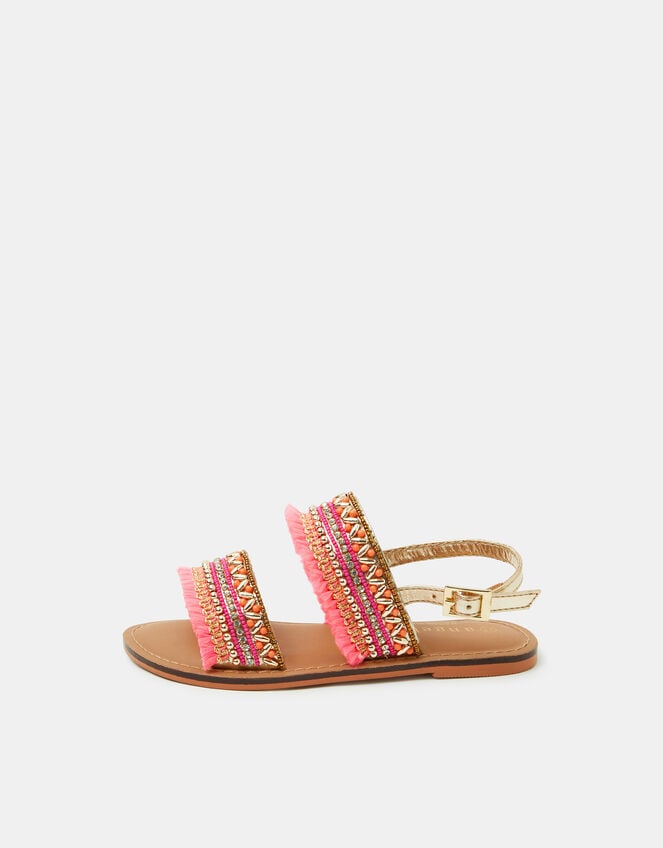 Girls Bead Embellished Strap Sandals, Orange (CORAL), large