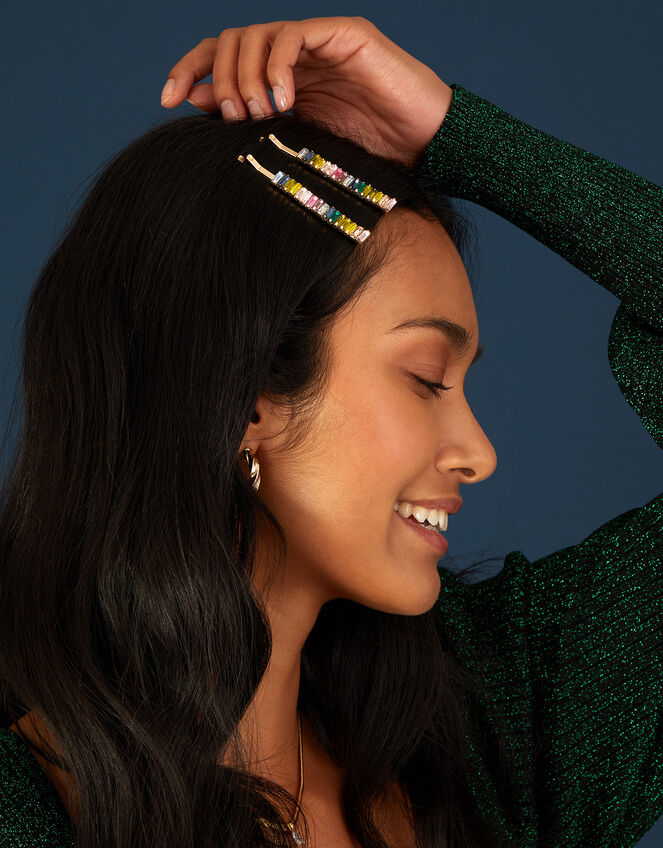 Rainbow Baguette Gem Hair Slides Set of Two, , large