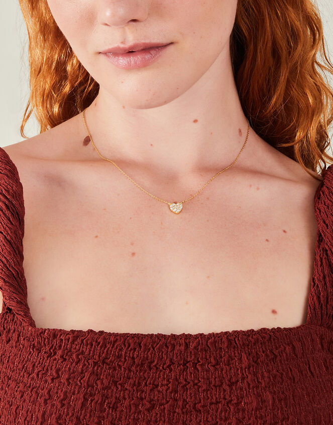 14ct Gold-Plated Diamante Heart Pendant Necklace, , large