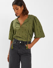 Puff Sleeve Cotton Blouse, Green (KHAKI), large