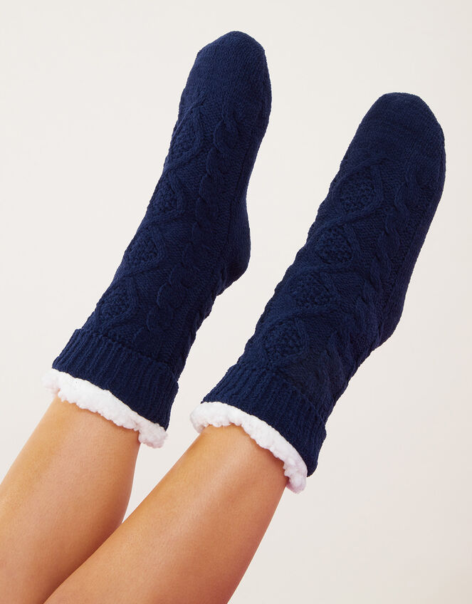 Cable Slipper Socks, Blue (NAVY), large