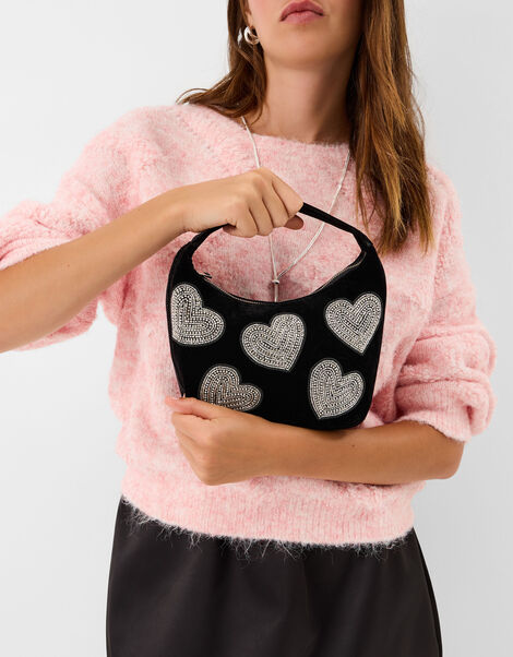 Heart Embellished Velvet Handbag, , large