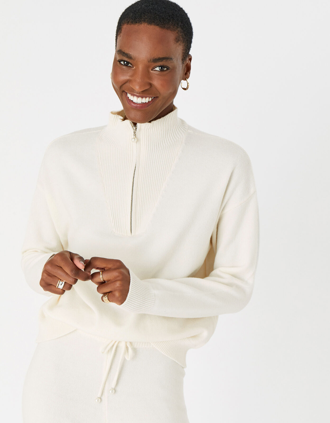 Quarter Pearl Zip Jumper Cream Hoodies Accessorize Global