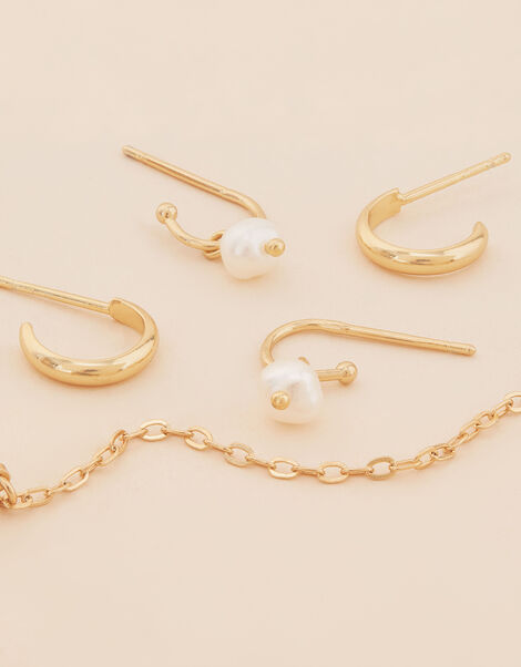 Gold-Plated Pearl Chain Earrings Set of Three, , large