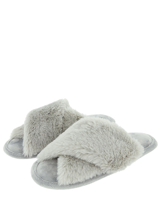 Fluffy Peep-Toe Slipper Sliders, Grey (GREY), large