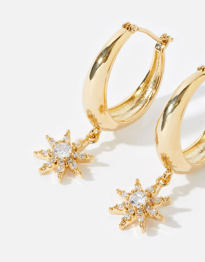 Gold-Plated Chunky Sparkle Drop Hoops, , large