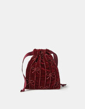 Embellished Bow Velvet Drawstring Bag, , large
