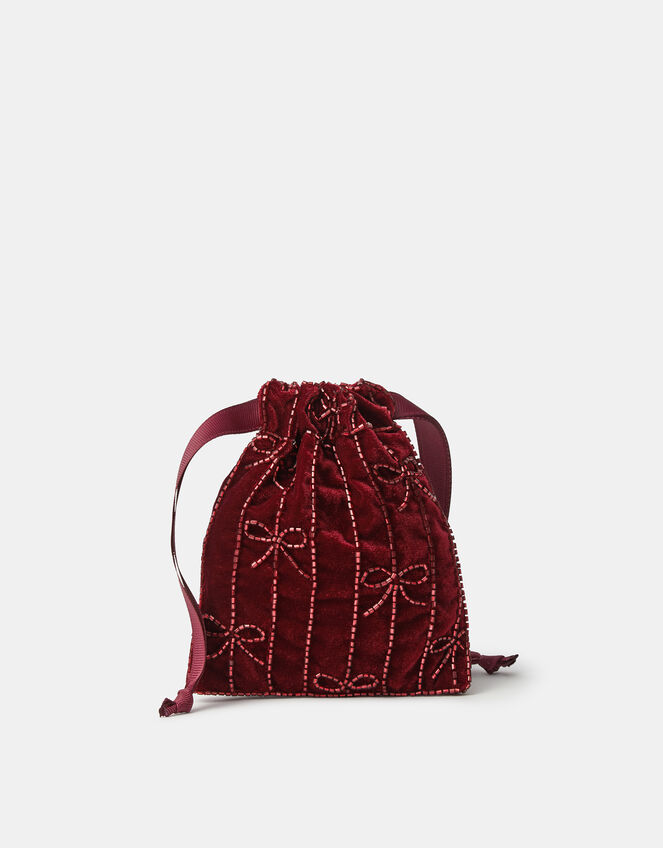 Embellished Bow Velvet Drawstring Bag, , large