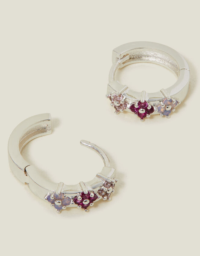 Sterling Silver-Plated Gem Flower Hoop Earrings, , large