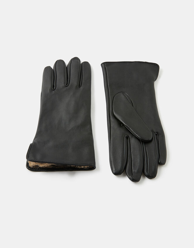 Leopard Faux Fur-Lined Leather Gloves, Leopard (LEOPARD), large