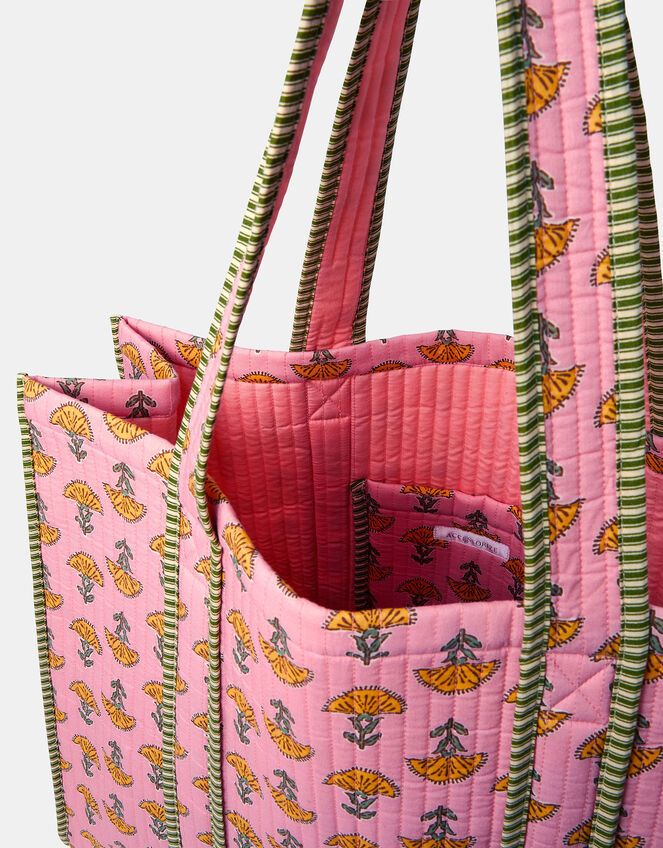 Floral Block Print Quilted Tote Bag, , large