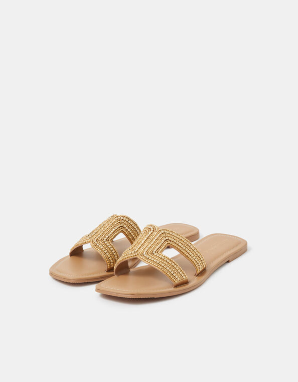 Beaded Cut Out Slide Sandals, Gold (GOLD), large