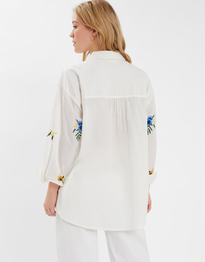 Floral Embroidered Cotton Shirt, White (WHITE), large