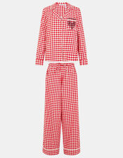 Embroidered Gingham Long Pyjamas Set, Red (RED), large