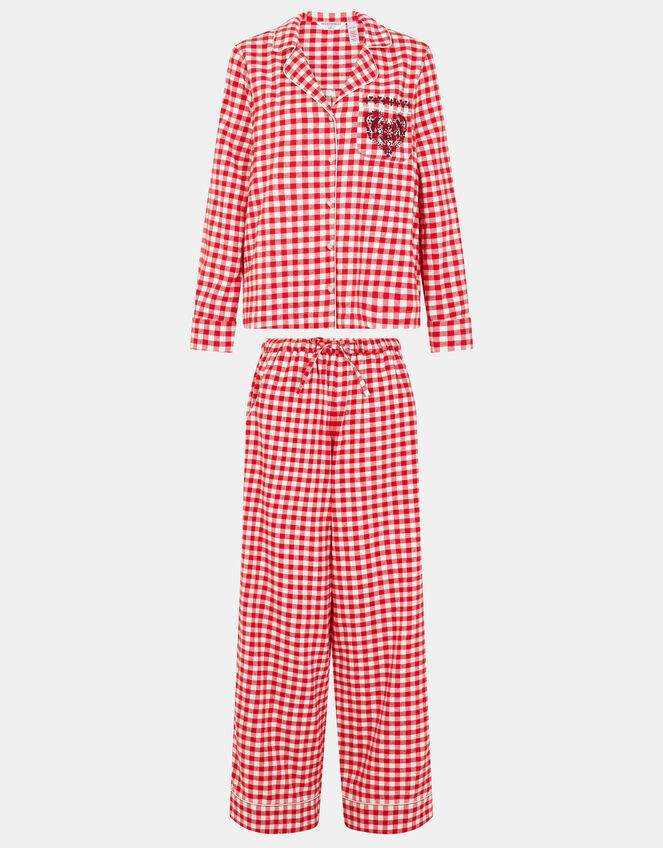 Embroidered Gingham Long Pyjamas Set, Red (RED), large