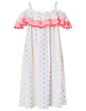 Dobby Spot Bardot Dress with Pom-Pom Trim, White (WHITE), large