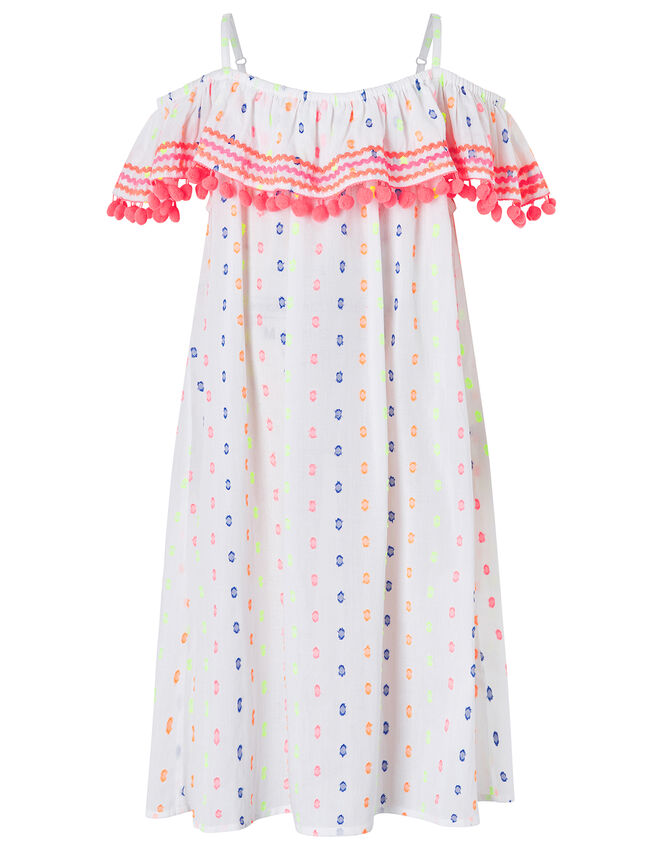 Dobby Spot Bardot Dress with Pom-Pom Trim, White (WHITE), large