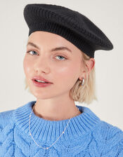 Ribbed Knit Beret, Black (BLACK), large