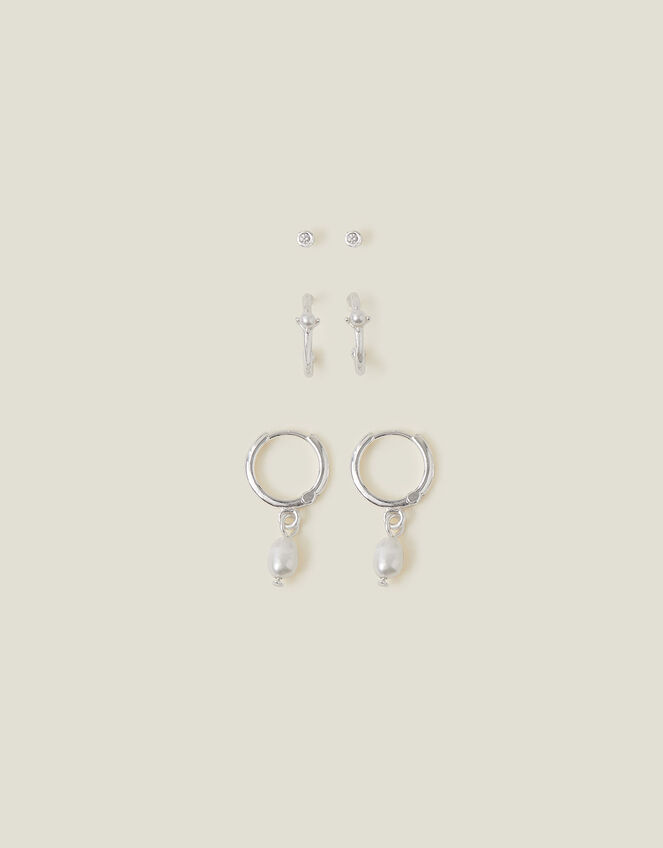 Sterling Silver Pearl Stud and Hoop Earrings Set of Three Sterling