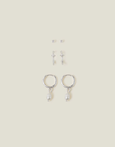 Sterling Silver Pearl Stud and Hoop Earrings Set of Three, , large