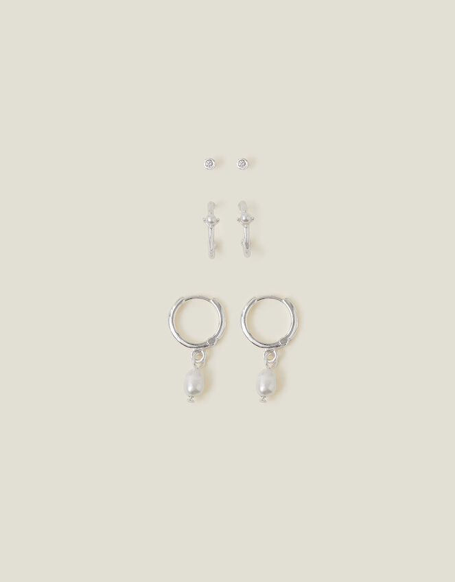 Sterling Silver Pearl Stud and Hoop Earrings Set of Three, , large