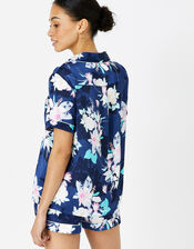 Leila Floral Satin Short Pyjama Set, Blue (NAVY), large