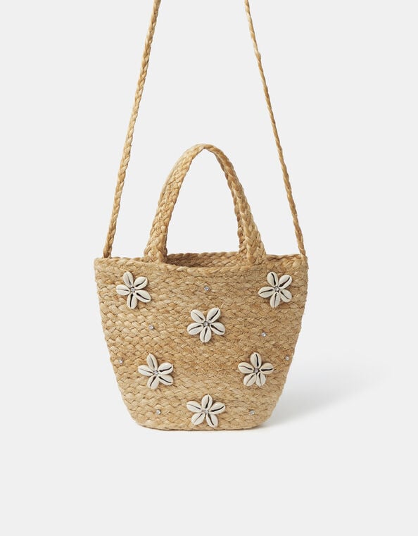Floral Shell Raffia Handheld Bag, , large