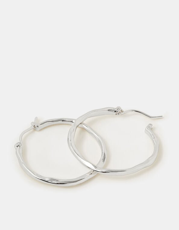 Sterling Silver-Plated Molten Hoop Earrings, , large