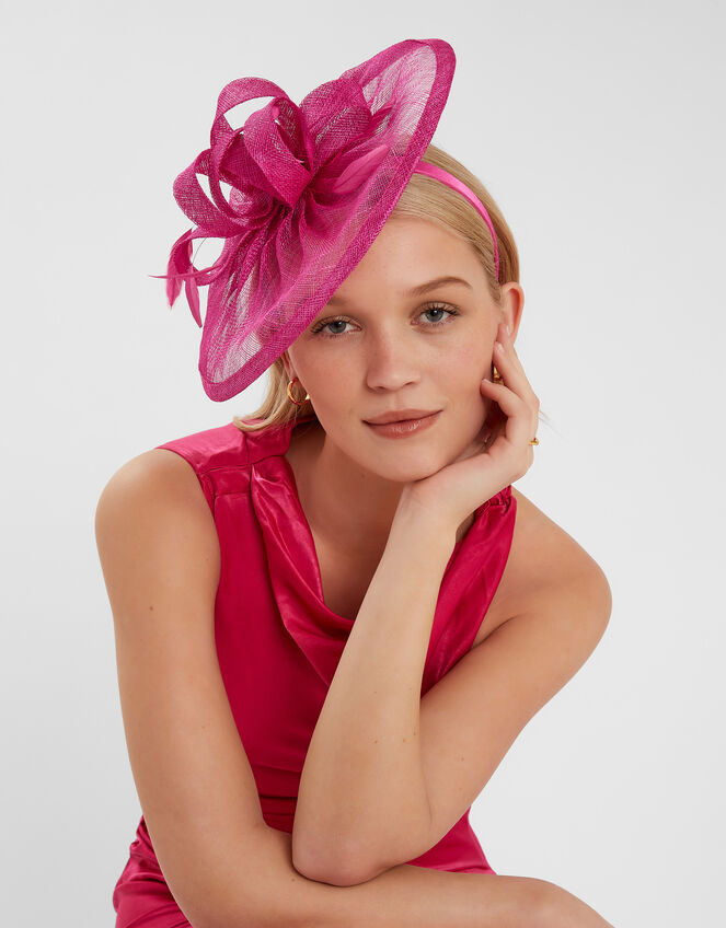 Woven Bow Feather Disc Fascinator, Pink (FUCHSIA), large