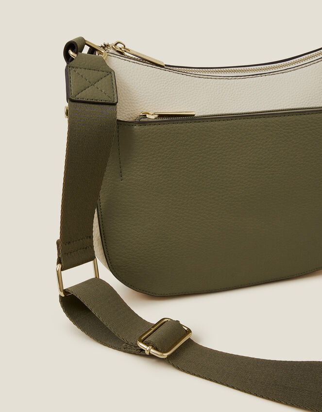 Two-Tone Faux Leather Crossbody Bag Khaki, , large