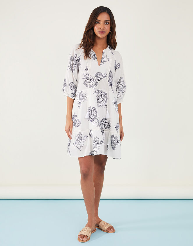 Shell Embroidered Mini Dress, White (WHITE), large