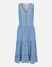 Chambray Tiered Midi Dress, Blue (BLUE), large