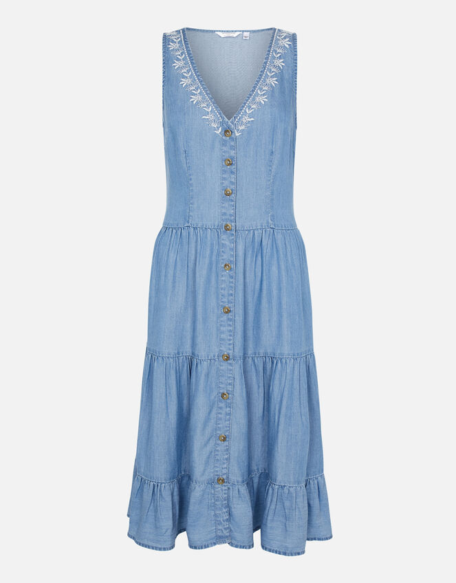 Chambray Tiered Midi Dress, Blue (BLUE), large