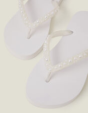Pearl Embellished Flip Flops, White (WHITE), large