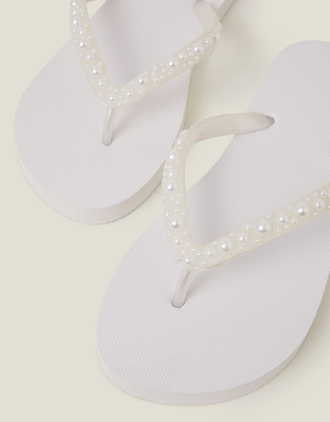 Pearl Embellished Flip Flops, White (WHITE), large