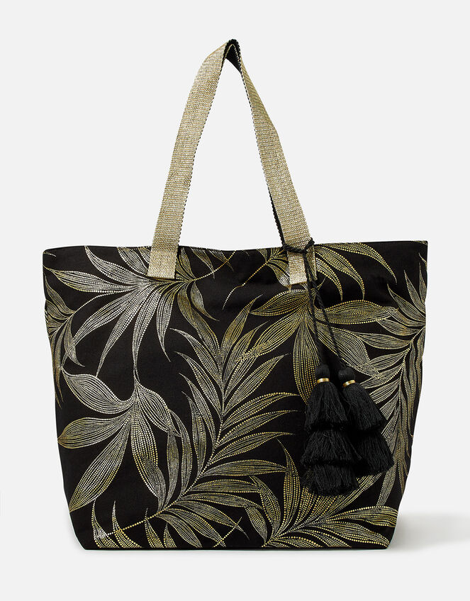 Leaf Print Tote Bag, Black (BLACK), large