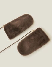 Faux Fur String Mittens, Brown (BROWN), large