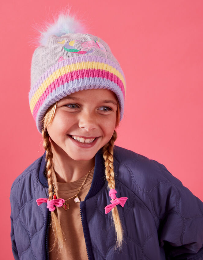 Girls Unicorn Pom Beanie Hat, Grey (GREY), large