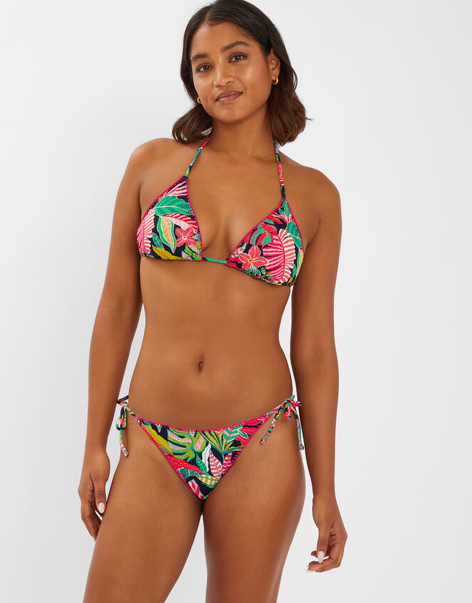 Tropical Print Tie Side Bikini Bottoms, Black (BLACK), large