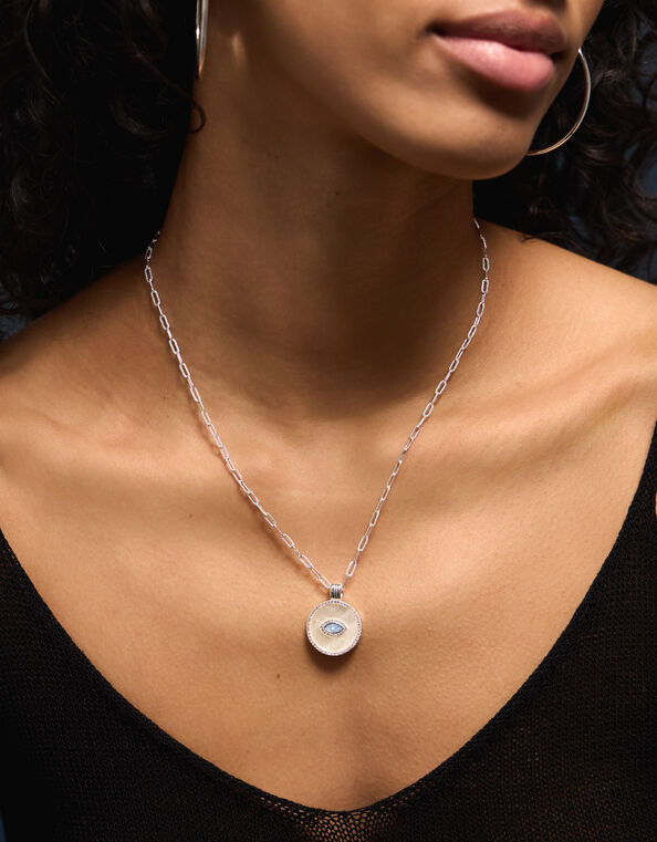 Sterling Silver-Plated Evil Eye Pendant Necklace, , large