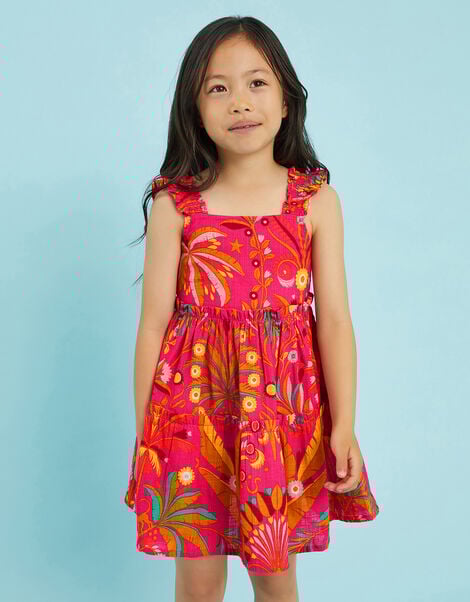 Girls Ornamental Leaf Print Dress, Pink (PINK), large