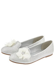 Glitter Slipper Shoe with Corsage, Silver (SILVER), large