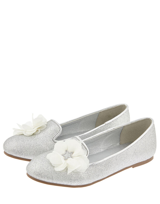 Glitter Slipper Shoe with Corsage, Silver (SILVER), large