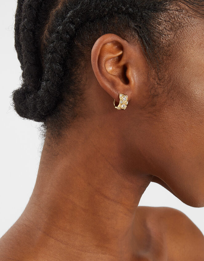 14ct Gold-Plated Diamanté Check Hoop Earrings, , large